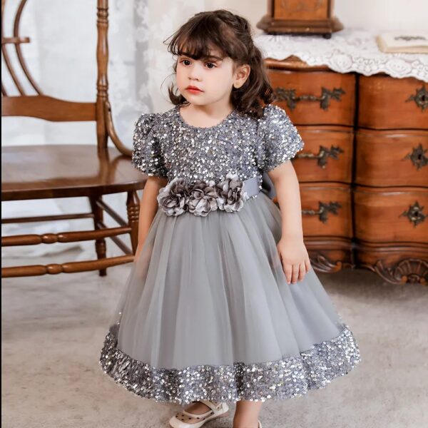 Robe De Princesse Fille Grise Avec Nœud